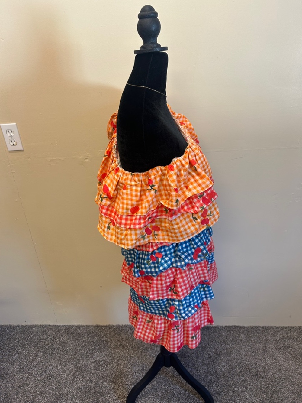 FARM Rio One-Shoulder Ruffle Gingham Dress with Cherry Print - Orange/Blue/Red - Picture 6 of 6